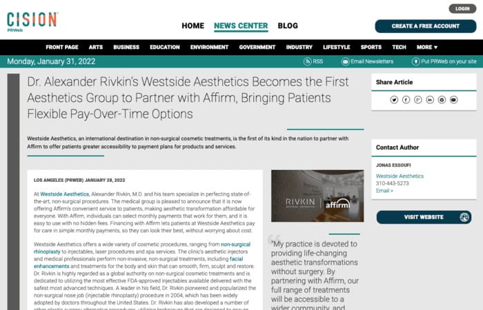 Screenshot of an article titled: Dr. Alexander Rivkin’s Westside Aesthetics Becomes the First Aesthetics Group to Partner with Affirm, Bringing Patients Flexible Pay-Over-Time Options