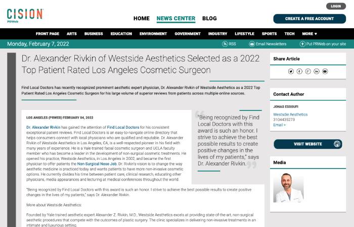 Screenshot of an article titled: Dr. Alexander Rivkin of RIVKIN Aesthetics Selected as a 2022 Top Patient Rated Los Angeles Cosmetic Surgeon