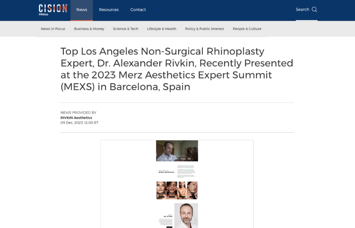 Screenshot of an article: Top Los Angeles Non-Surgical Rhinoplasty Expert, Dr. Alexander Rivkin, Recently Presented at the 2023 Merz Aesthetics Expert Summit (MEXS) in Barcelona, Spain