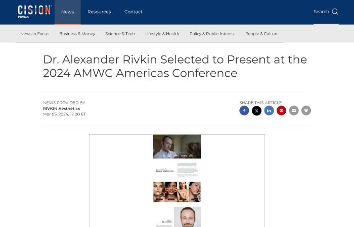 Screenshot of an article - Dr. Alexander Rivkin Selected to Present at the 2024 AMWC Americas Conference