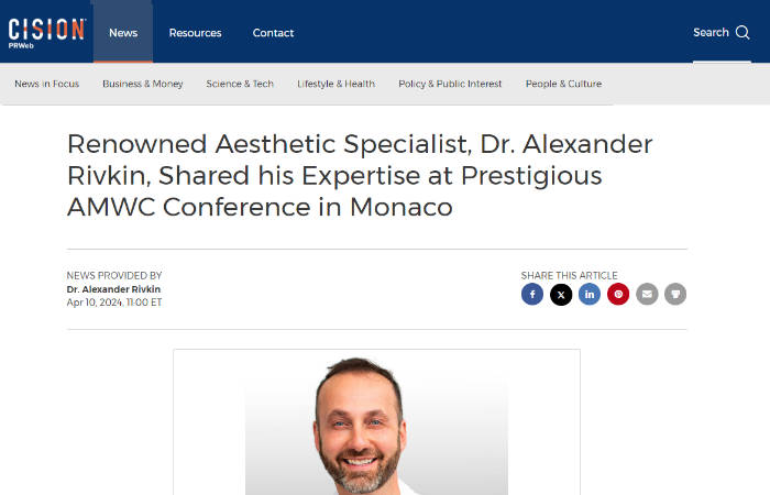 screenshot of the article titled: Renowned Aesthetic Specialist, Dr. Alexander Rivkin, Shared his Expertise at Prestigious AMWC Conference in Monaco