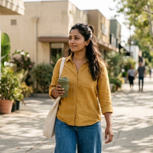 Confident woman with even, glowing skin walking outdoors in morning light — post-melasma treatment lifestyle