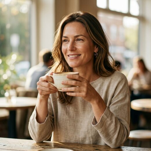 Confident woman with radiant, even skin enjoying morning coffee at a sunlit café after a microneedling treatment