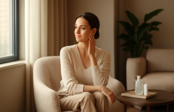 Woman in her 30s in an upscale lounge with soft natural light highlighting her radiant, healthy-looking skin