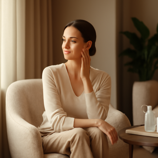 Woman in her 30s in an upscale lounge with soft natural light highlighting her radiant, healthy-looking skin