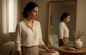 Woman in an elegant living room thoughtfully studying her reflection in a large mirror, softly lit and calm.