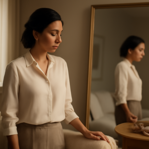 Woman in an elegant living room thoughtfully studying her reflection in a large mirror, softly lit and calm.